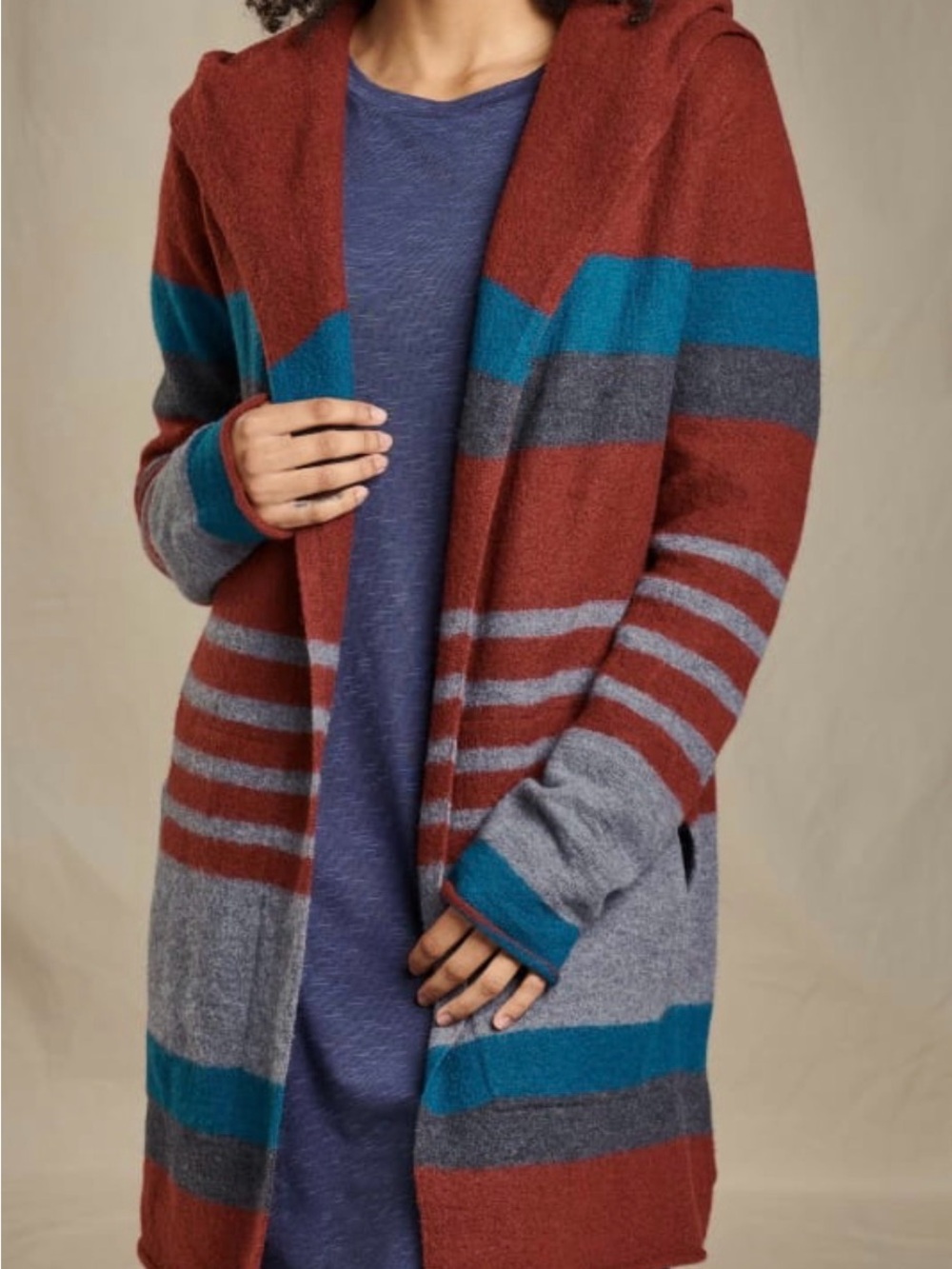 Toad&Co heartfelt hoodie Teal Gray Striped Hooded Open-Front Cardigan Size small